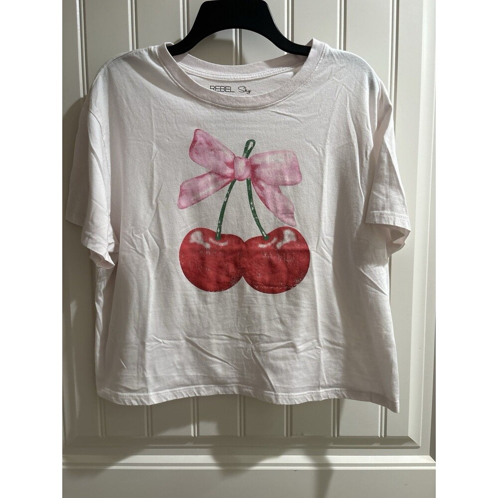 Rebel Sky Top Cherries Bow Graphic Tee Cropped Women's XXL